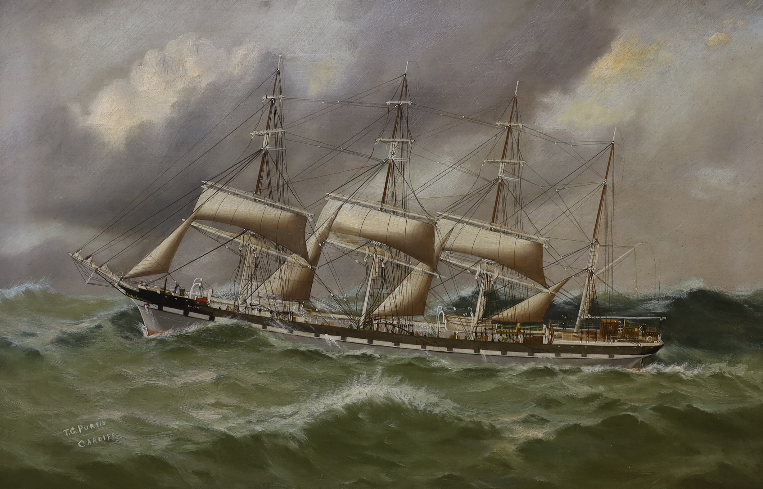 Thomas G. Purvis of Cardiff (1861-1933), oil on canvas, Four master merchant ship 'Colony' at sea, signed, 58 x 89cm